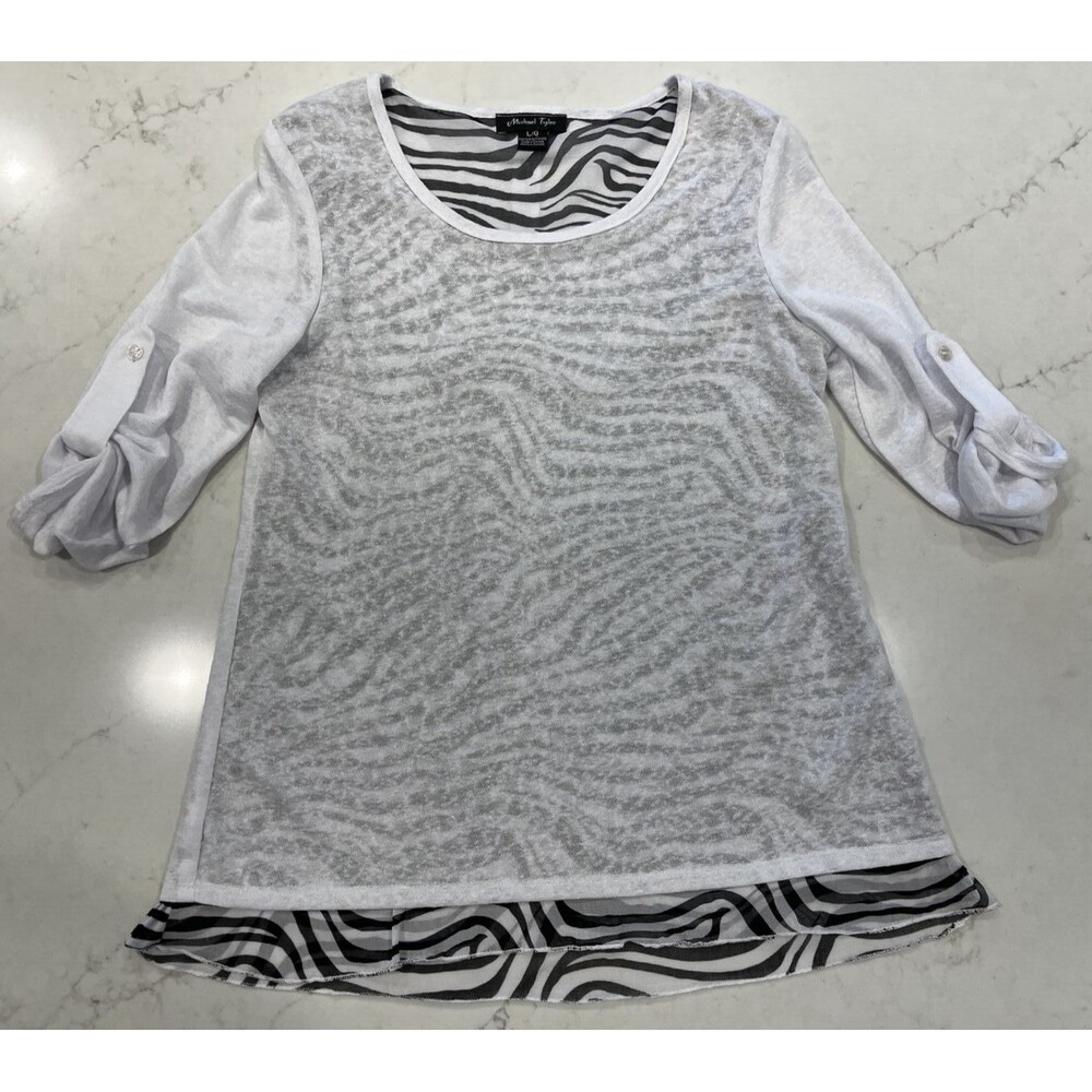 Michael Tyler Sheer White Layered‎ Zebra Print Tunic Open Back Top Blouse Sz L